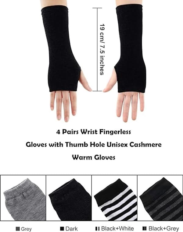 4 par fingerløse hansker, håndleddsvarmere i polyesterbomull med tommelhull, unisex vintertyping, 19 cm, assorterte farger