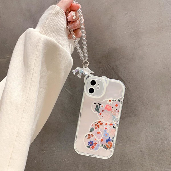 IC Kompatibelt iPhone 12 Cover Klar Sød Blomst Blomst med Sødt Armbåndskæde til Piger Kvinder Mønster med Bjørnører Blød TPU Girly-Bear