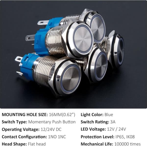 16mm Momentan Tryckknapp 12V/24V DC 3A Vattentät Krom Mässing Tryckknapp med LED Ljus Blå Ring 5 st