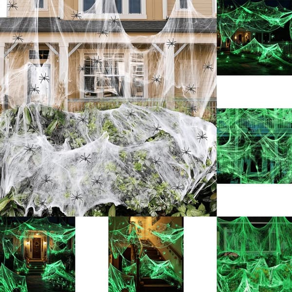 Selvlysende edderkoppespind til Halloween-dekoration 300g, strækbart edderkoppespind med 60 sorte edderkopper til indendørs og udendørs brug i hjemmet, haven og til fester