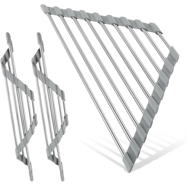 3-pack Triangular Roll-Up Dish Drying Racks, Foldable Corner Sink Storage Rack 304 Stainless Steel Over Sink Organizer