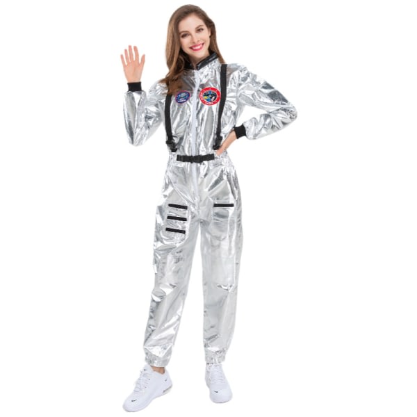 Jumpsuit for voksne astronautkostym Silver rymdrakt for män med broderte lappar og fikor kvinner XL