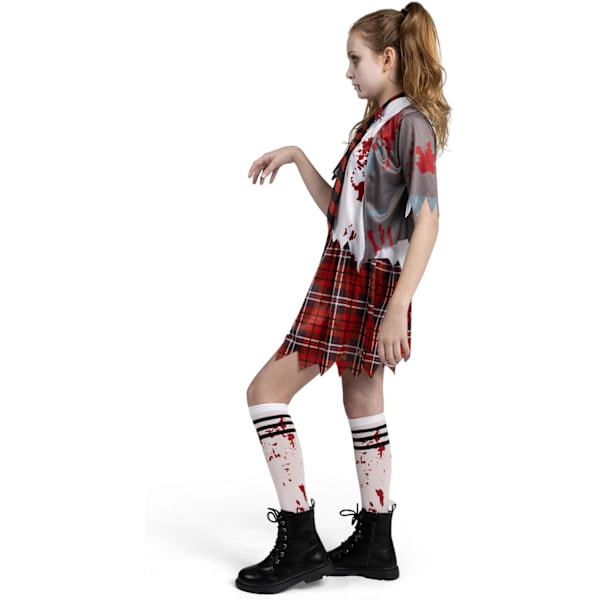 Zombie-skoluniform, blodig zombie-tjejdräkt för flickor, halloween, skola, uppl-evenemangsklänning röd X-Large (12-14yrs)