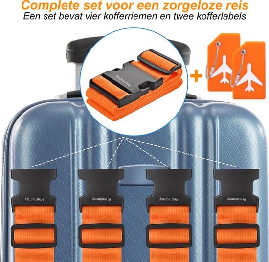 Premiumsy Bagageremmar för resväskor, 6-pack justerbara resväskbälten med 2 bagagebrickor i silikon, resetillbehör, orange