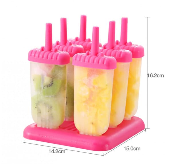 6-huls isform - 14*15*16 cm, genanvendelig, med pinde - til hjemmelavet is - Pink