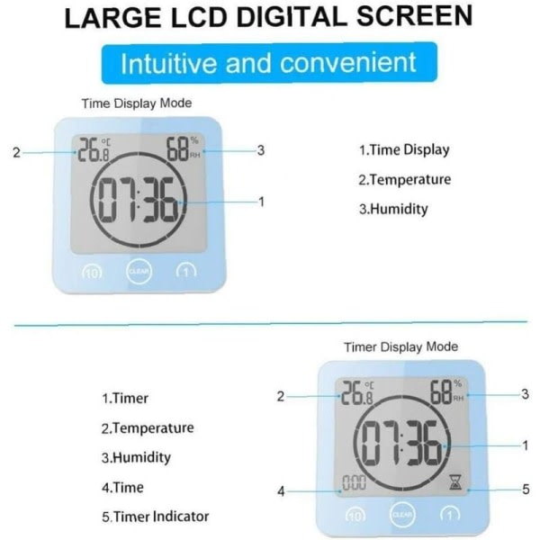 IC Blå Digital Vandafvisende Lydløs Elektronisk Termohygrometer Badeværelse Køkken Sugkop