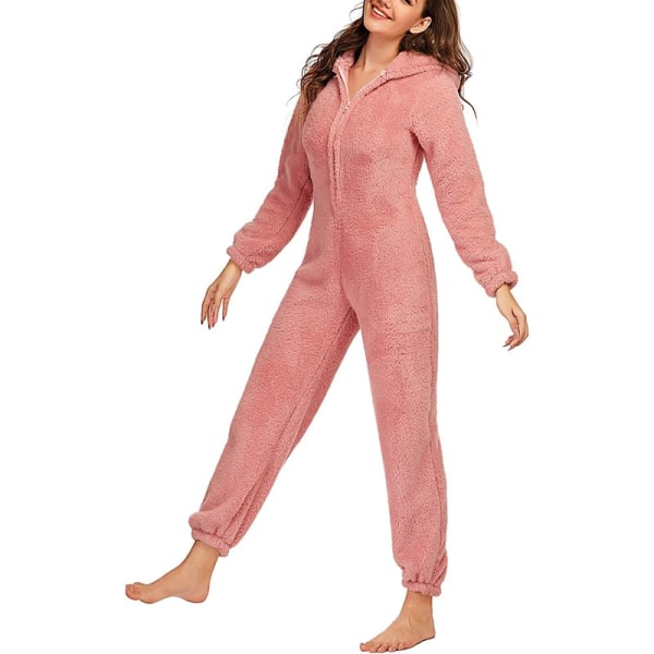 Hættetrøje med lynlås til kvinder Plys langærmet pyjamas Onesies i ét stykke PINK L