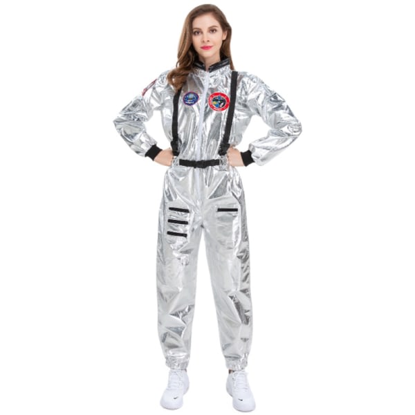 Jumpsuit til voksne astronautkostym Sølv rymdræk til mænd med broderede lappar og fikor kvinder XL
