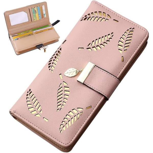 IC Rosa Lång Plånbok i Läder, Söta Kvinnor Lång Plånbok Plånbok Kvinnor Mode Lång Plånbok Dam Plånbok Clutch Case Lövhänge Mynt Dragkedja Lång Plånbok