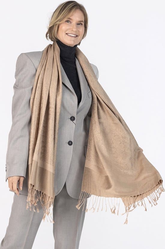 Pashmina silketørklæde til kvinder, blødt varmt paisley sjal wrap 200x70 cm, kamel beige stole til alle årstider bryllupper gaver