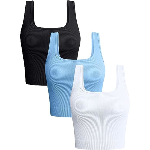 IC 3-delade linne damer Ribbade sömlösa träningsströjor Yoga Crop Tops (stora)