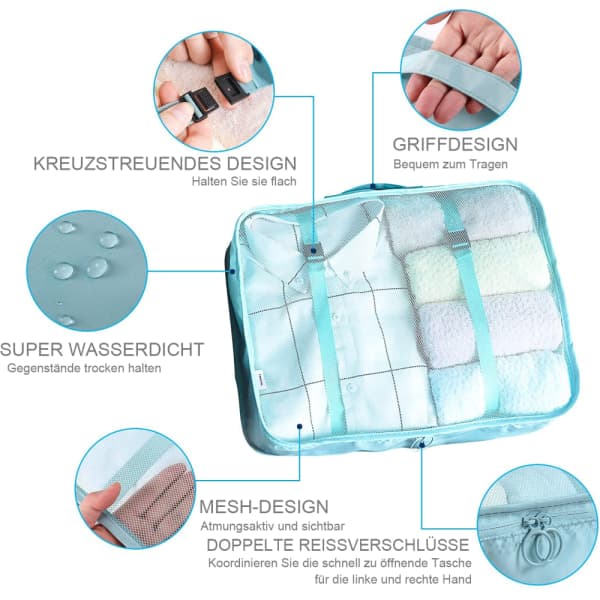 Resepackningsset, packningskuber, klädväskor, skopåsar, organizer, packningskuber, kosmetika (8 stycken)