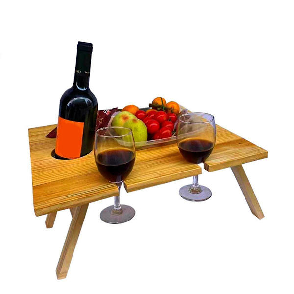 Utomhus picknickbord för vin, hopfällbart bärbart campingbord i trä, rymmer vinglas och flaskor 30x24cm