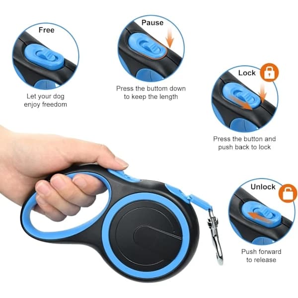 Retractable Dog Leash, Reinforced, Expandable with Non-Slip Handle & Adjustable Dog Leash, Tangle-Free, 5m/16ft Strong Nylon Webbing, (Blue)