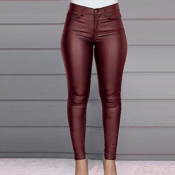Plus Size Perfekt Passform PU-Läder Leggings Lättviktiga för Kvinnor Flickor Mode Ny CMK Vinröd 2XL