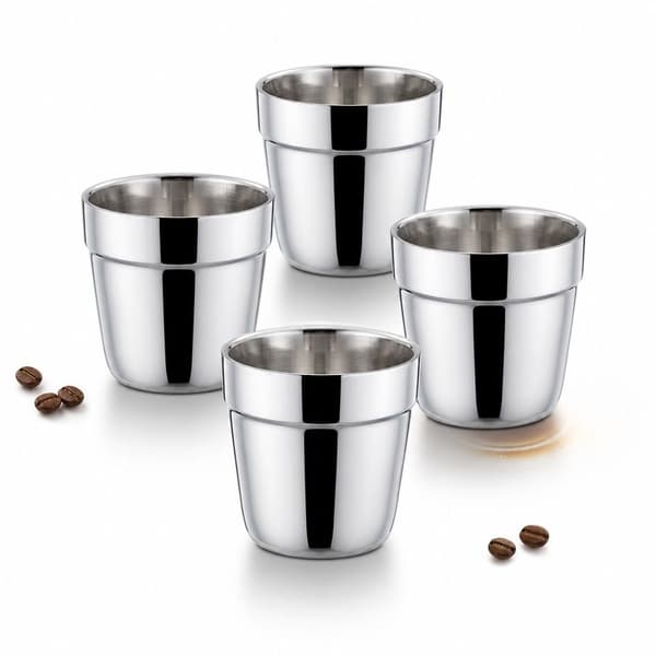 Espressokopper sett med 4, dobbeltvegget rustfritt stål, 150 ml, for hjemmekaffebarer og daglig bruk