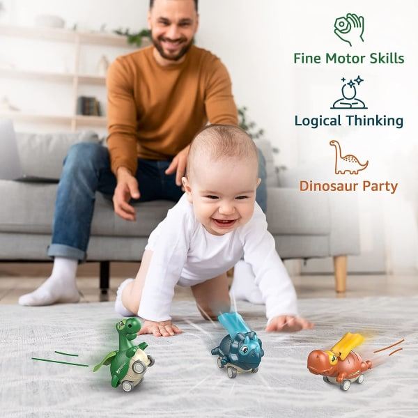 IC Dinosaurusleker for gutter 1-4 år, Trykk og kjør lekebiler for gutter, Småbarn 2-4 år, Tilbaketrekkende kjøretøy for barn