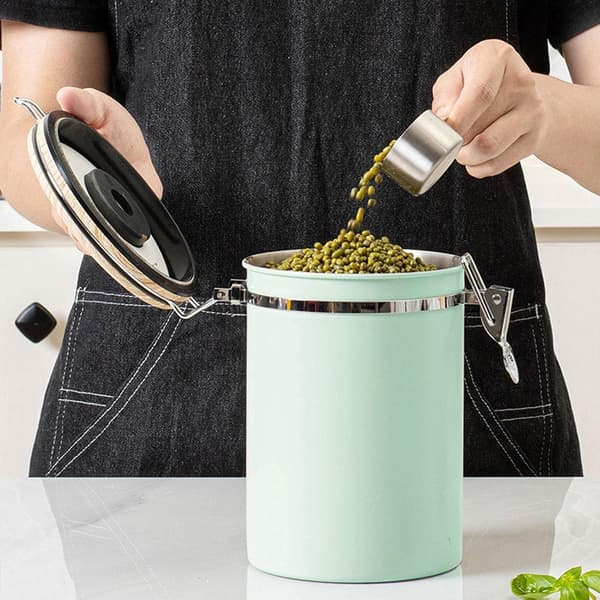 Kaffedåse lufttæt 304 rustfrit stål med CO2-ventil og datatracker til kaffebønner og -pulver, grøn 1,8L green