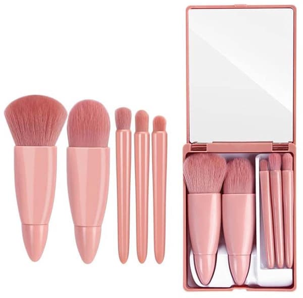 Makeup Brush Set with Mirror - 5 Pieces - Makeup Kit - Travel-Friendly