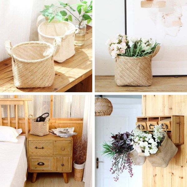 IC Vevd jute blomsterpotte Stoff Oppbevaring Oppbevaringskurv Skrivebord Oppbevaringskurv