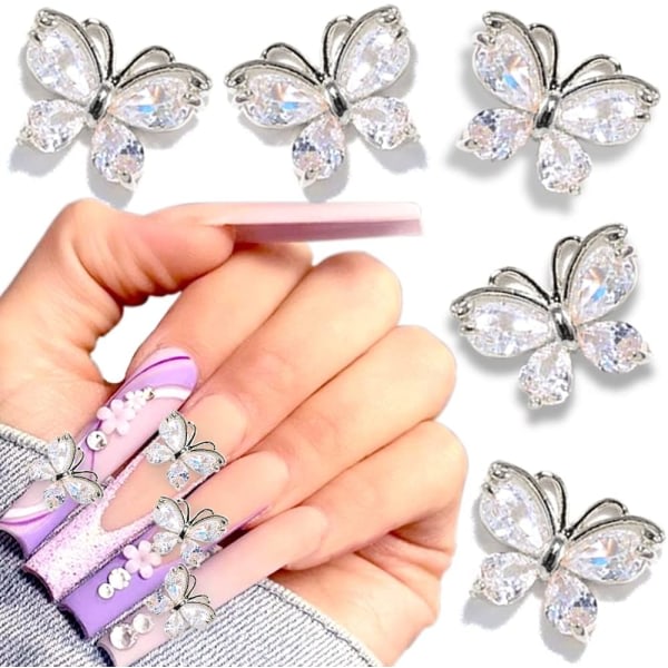 IC 5 st Glittrande Zirkon Fjärils Nagelberlocker 3D Legering Fjäril Nagel Strass Nagelkonst Berlocker Nagel Smycken Fjärils Berlocker (silver)