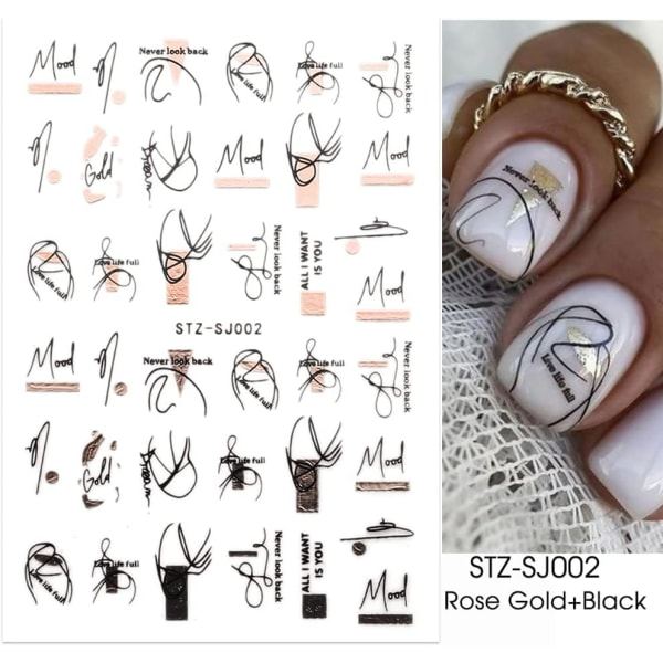 9 ark Abstrakt linje Nagelklistermärken Självhäftande Lady Face Flowers Palm Leaf（, Svart） Rose Gold