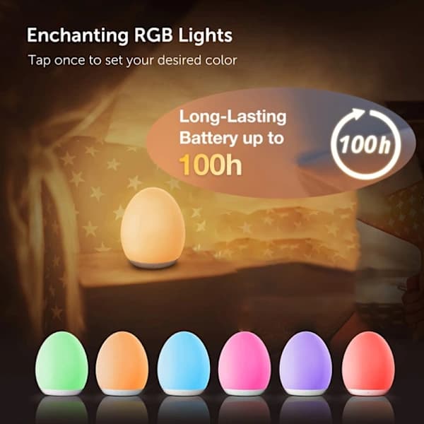 Rechargeable Egg-Shaped Night Light, 7 Color Modes, Adjustable Warm White LED, Touch Control and Timer White White