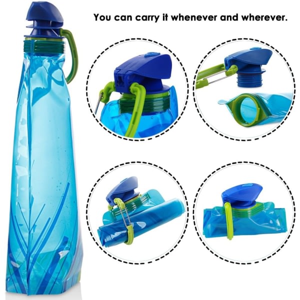 IC Foldbar Vannflaske med 3, Fleksible Foldbare Gjenbrukbare Vannflasker for Vandring, Eventyr, Reiser, 700 ml.
