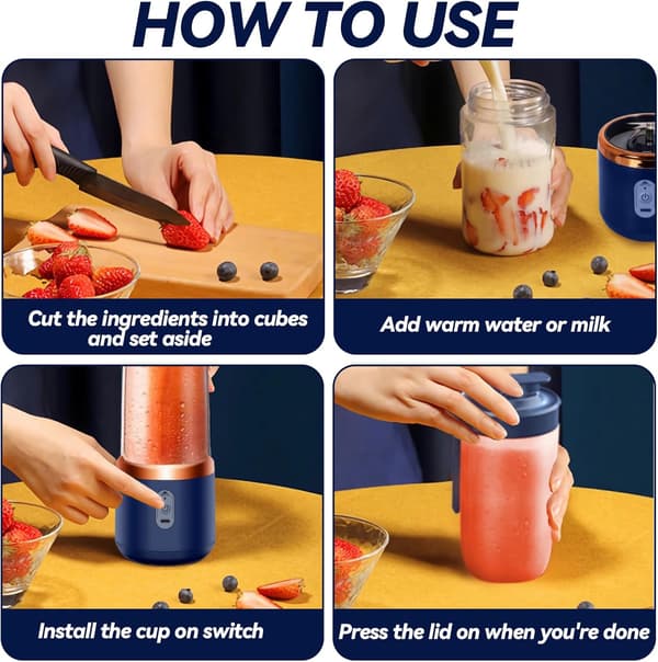 Bærbar blender 400 ml, USB oppladbar smoothieblender med 6 rustfrie stålblader, for reise, treningsstudio, kontor, blå