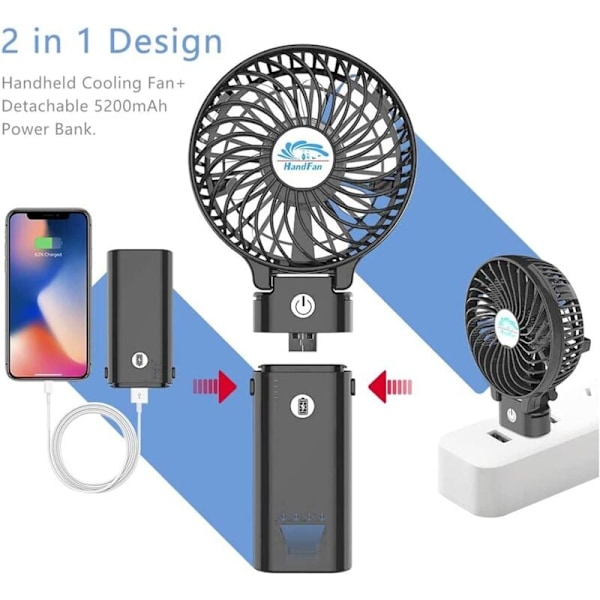 5200mAh Mini Bærbar Ventilator USB Håndventilator Genopladeligt Batteri 3 Hastigheder 180° Sammenklappelig Lille Bordventilator Powerbank Håndventilator 3 i 1 Kontor, Rejse