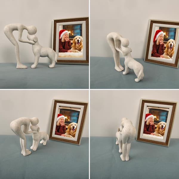 Abstrakt figur Mann og hund - Harpiksdekorasjon - Minnegave til hundeelskere - Beige