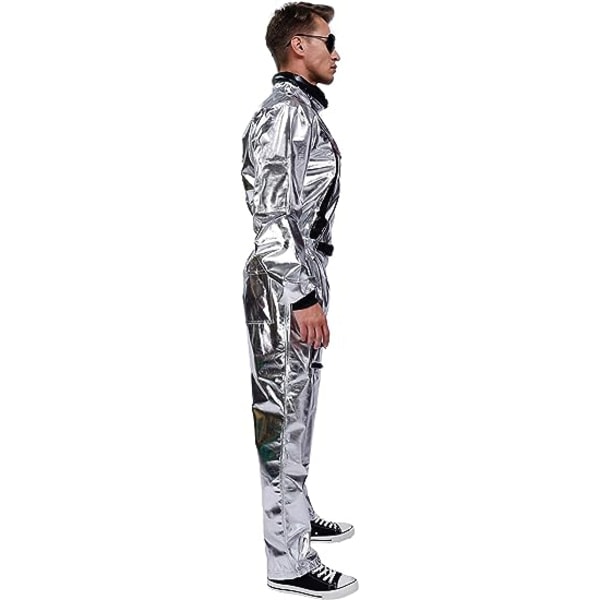 Jumpsuit for voksne astronautkostym Sølv rymdrakt for män med broderte lappar og fikor menn XL
