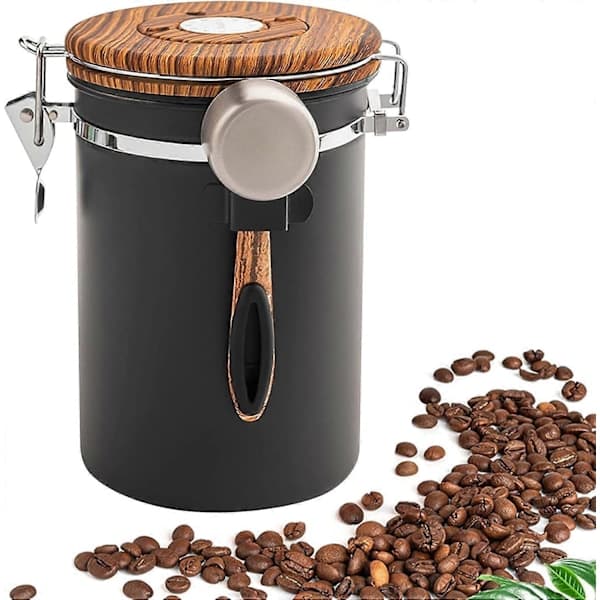 Kaffedåse lufttæt 1,8L, 304 rustfrit stål kaffebønneopbevaringsbeholder med envejsventil og datatracker, sort