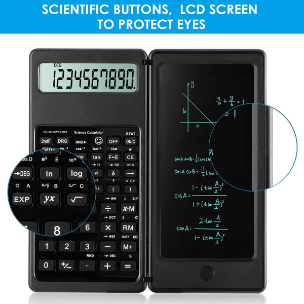 IC Vetenskapliga miniräknare för studenter, 10-siffrig stor skärm, matematikkalkylator med anteckningsblock för gymnasiet och högskolan (svart)