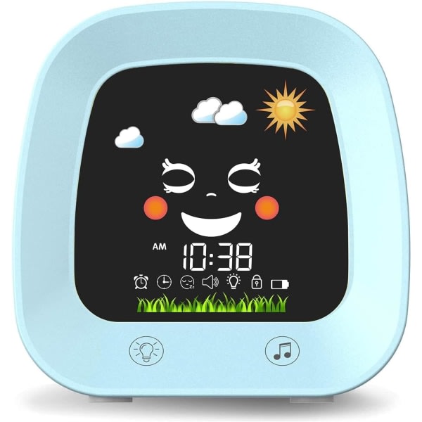 IC Barnväckarklockor, söt väckarklocka för barn sömnträningsklocka med ljudmaskin, nattljus, tupplurstimer, digital väckarklocka, blå
