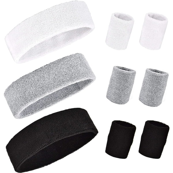 IC Pannband og sæt, 3 dele sportpannband, 6 dele svettband for män och kvinder (svart+vit+grå)