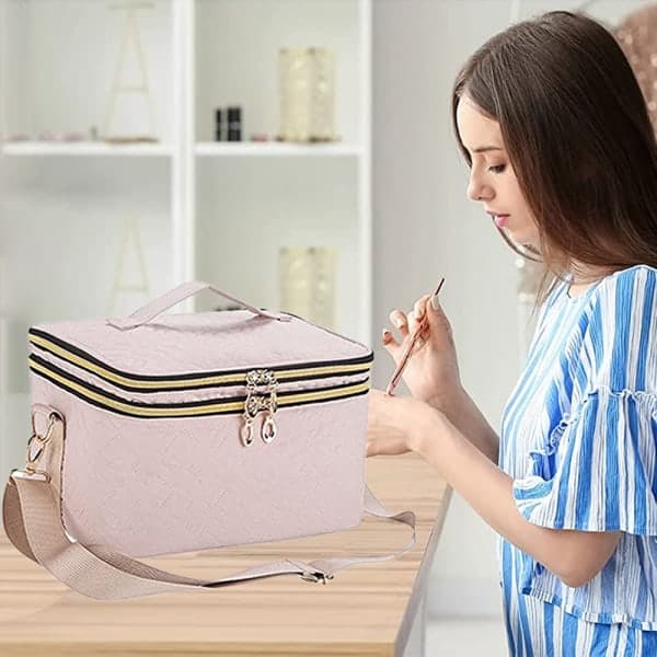 IC Medium Makeup Taske, Dobbeltlags Kosmetisk Stor Makeup Taske Pink