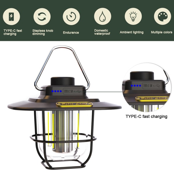 IG Oppladbar Camping LED-lys Dimbar, Retro Lantern svart