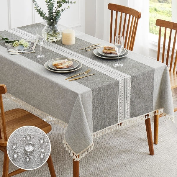 IC Rektangulära bordsdukar, linne bondgårdsduk kraftigt tyg, tvättbara broderibordsdukar med tofs (grå linjer, 55)