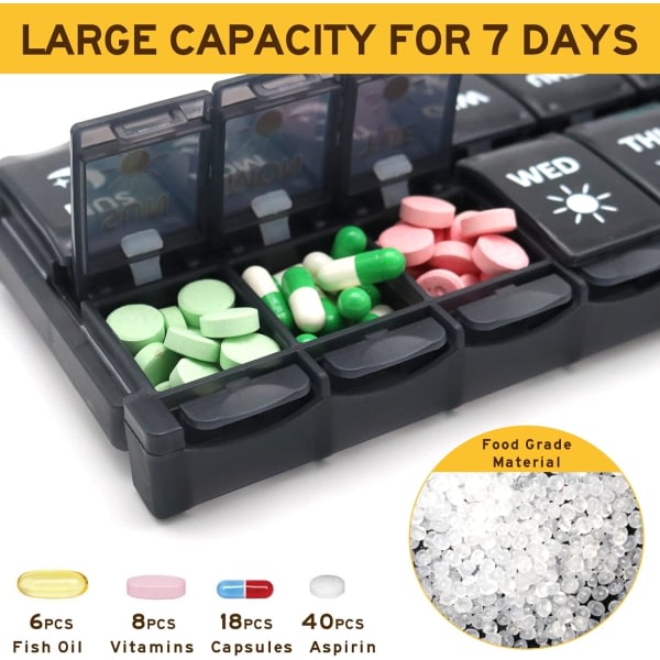 IC Pill Organizer 2 gange om dagen, Dag Natt Pill Case, Pill Box 7 Day, Enkel fyllning & trykknappsdesign