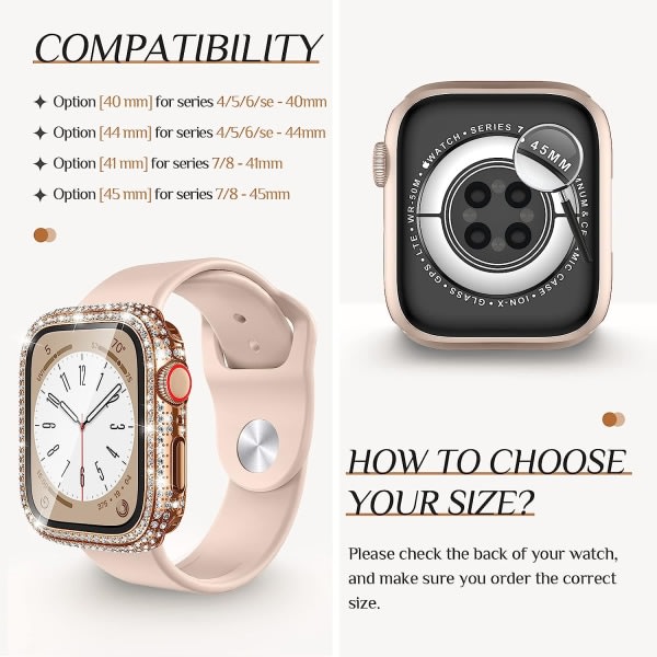 IC Goton 2 i 1 vanntett Bling-etui for Apple Watch 40 mm skjermbeskytter SE (2. generasjon) Series 6 5 4, Full Glitter Diamond 40 mm