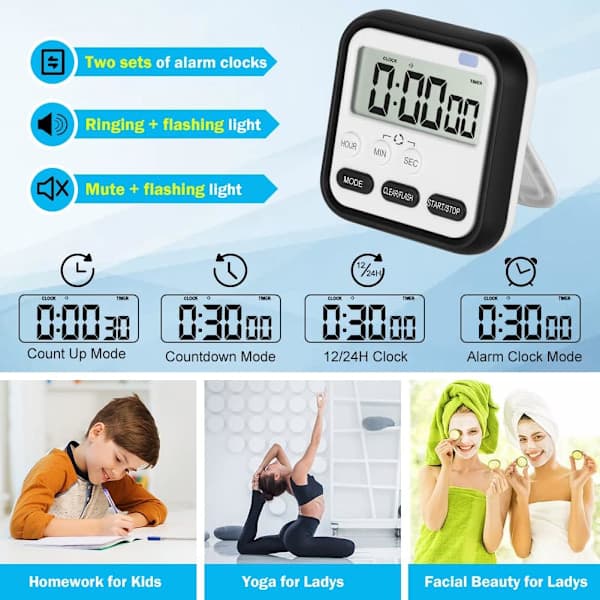 Digital Visual Timer 24-hour Magnetic Clock Stopwatch Count Up & Count Down Timer with Large LCD Display Large Digits