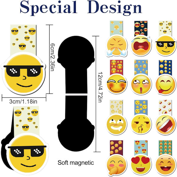 12 kpl magneettiset kirjanmerkit, söpöt emoji-kirjanmerkit, emomoticons-kirjanmerkit, magneettiset kirjanmerkit lapsille, värikkäät söpöt kirjanmerkit opiskelijoille, pojille, tytöille Z emoji