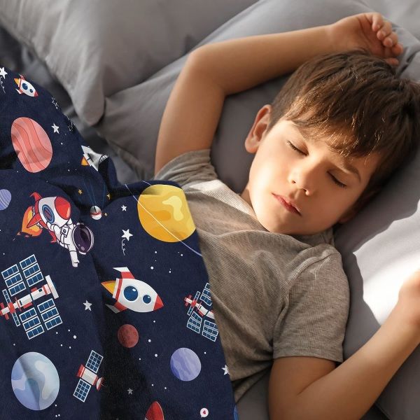 IC Skyddsfilt med rymdtema för barn, 50 x 60 tum Blå rymd Astronaut Raket Fuzzy Plyschfilt för pojkar Presentdekoration