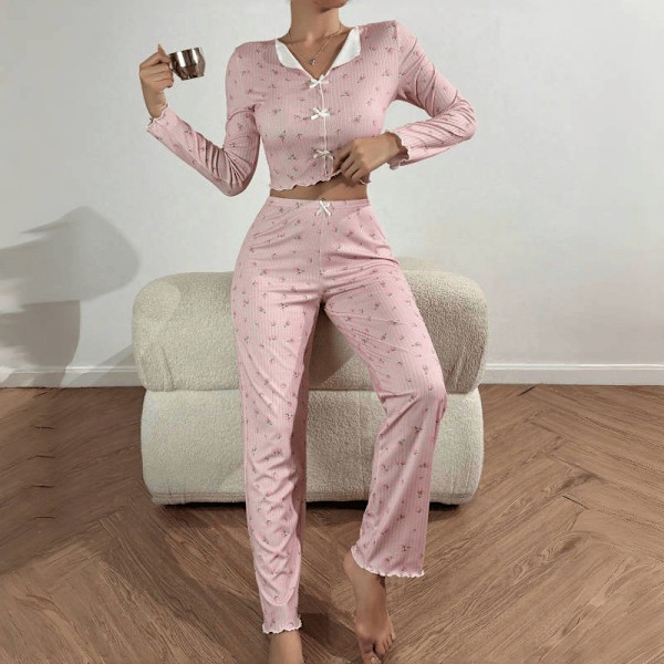 Kotiasu, rennot painetut housut, pitkät hihat, eurooppalainen ja amerikkalainen tyyli, ulkoiluvaatteet, naisten pyjama, kaksiosainen setti White floral background M