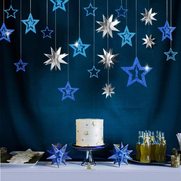 IC Blå Silver Star Party Dekoration Kit Metallic Glitter 3D Star