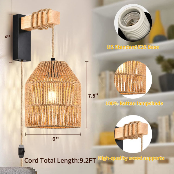 IC Væghængt Lampe Boho Dekoration Plug-in Sæt med to Flettede Væghængte Lamper med Ledning Dæmpbar Vævet Hængende Lampe