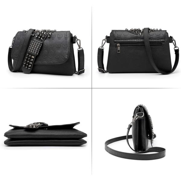 IC Gothic Skull Nit Dubbad Crossbody-väska för damer PU-läder Messenger-axelväska Armbandsväska Plånboksväska