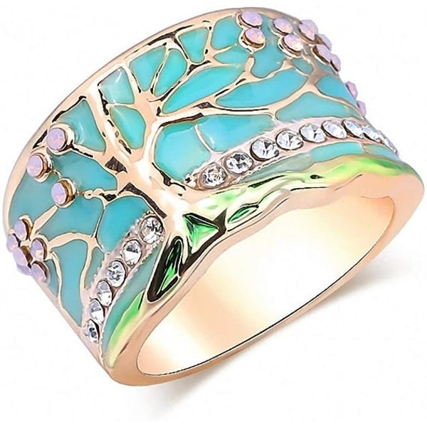 IC Flower Tree Rings Guld Rosa Opal Grön Emalj Bred Ring Kvinna Party Crystal Vintage Smycken