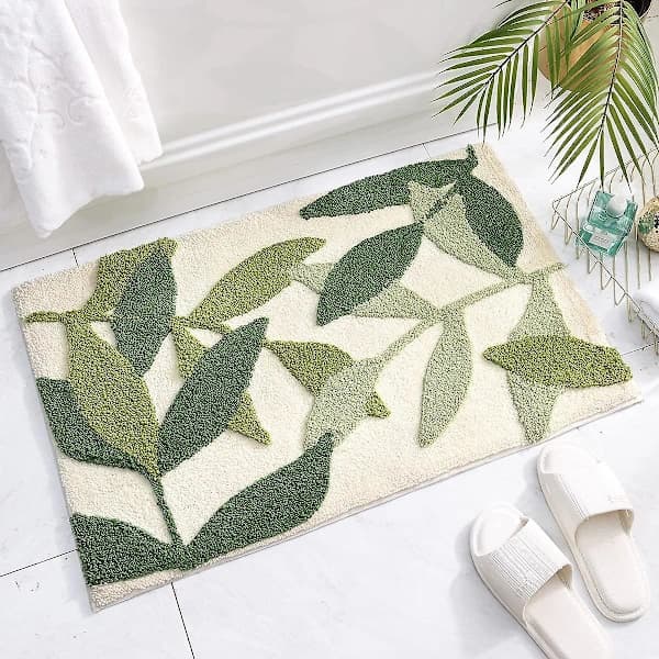Non-Slip Bathroom Mat, Green Leaf Patterned Bathroom Mat Super Soft and Water Absorbent